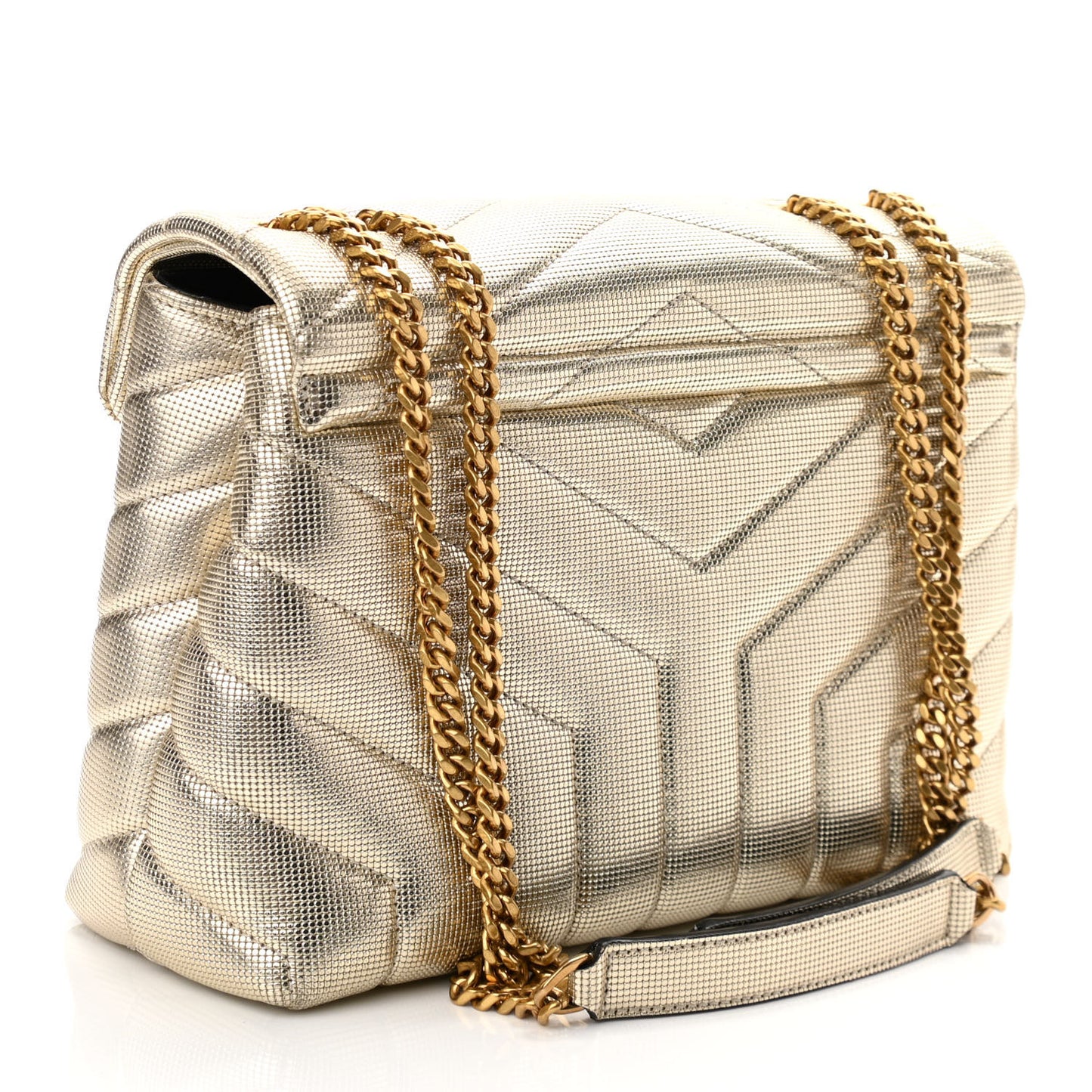Metallic Calfskin Y Quilted Small Loulou Monogram Chain Satchel Platino