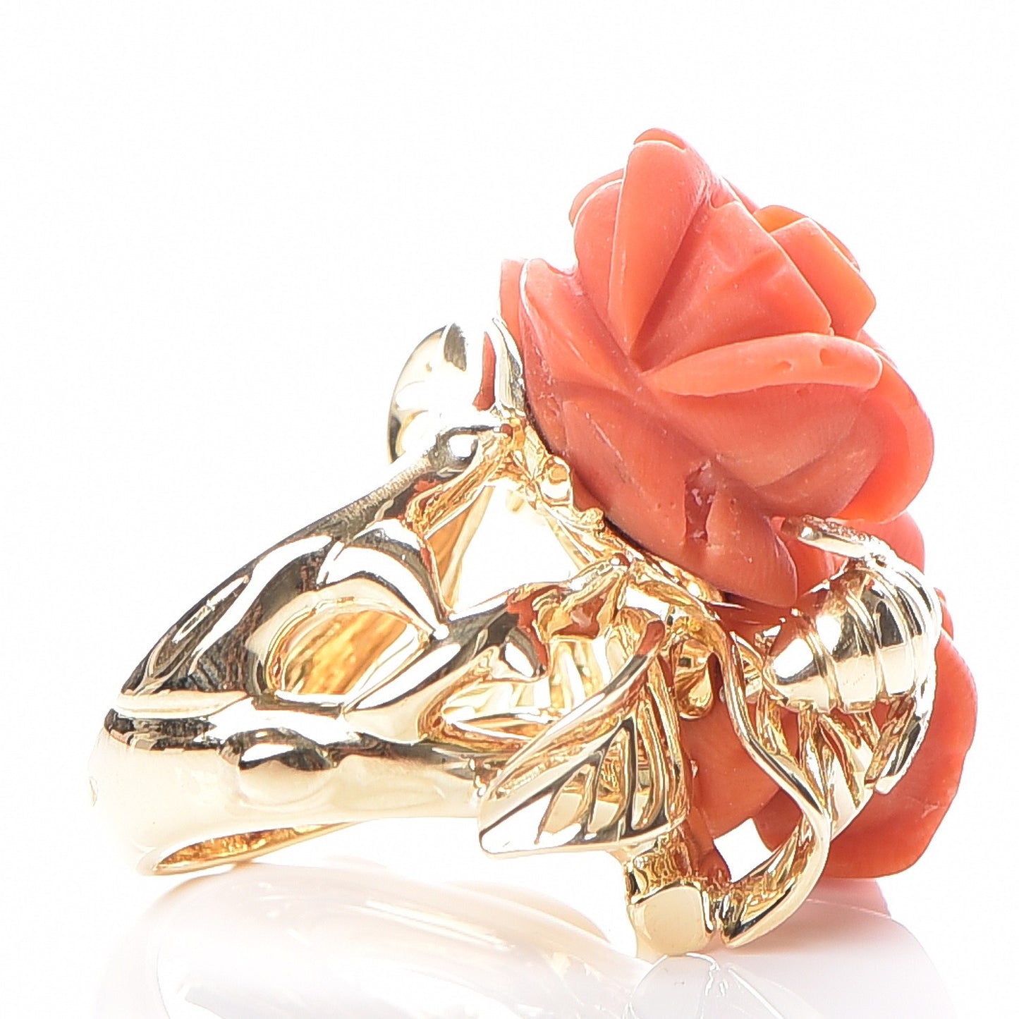 18K Yellow Gold Red Coral Diamond Large Rose Dior Pre Catelan Ring 53 6.5