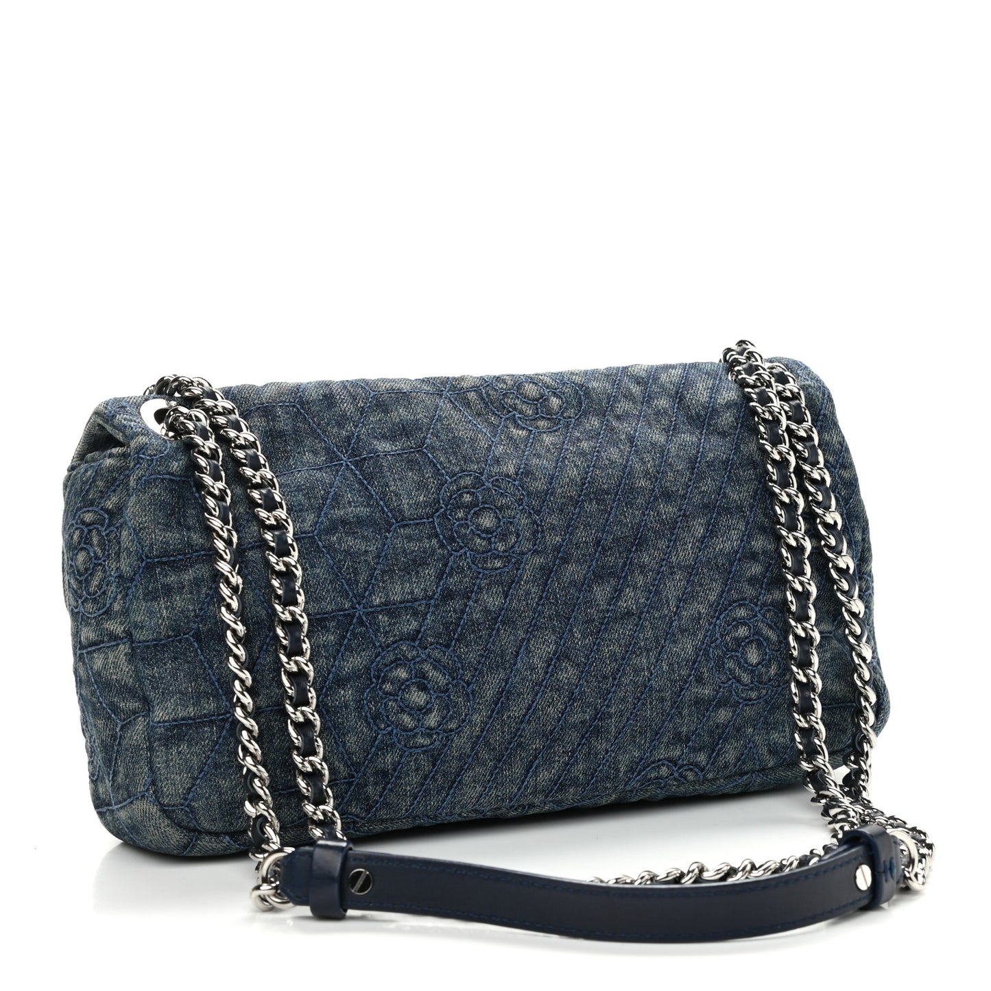 Denim Quilted Camellia Embroidered Medium Flap Blue