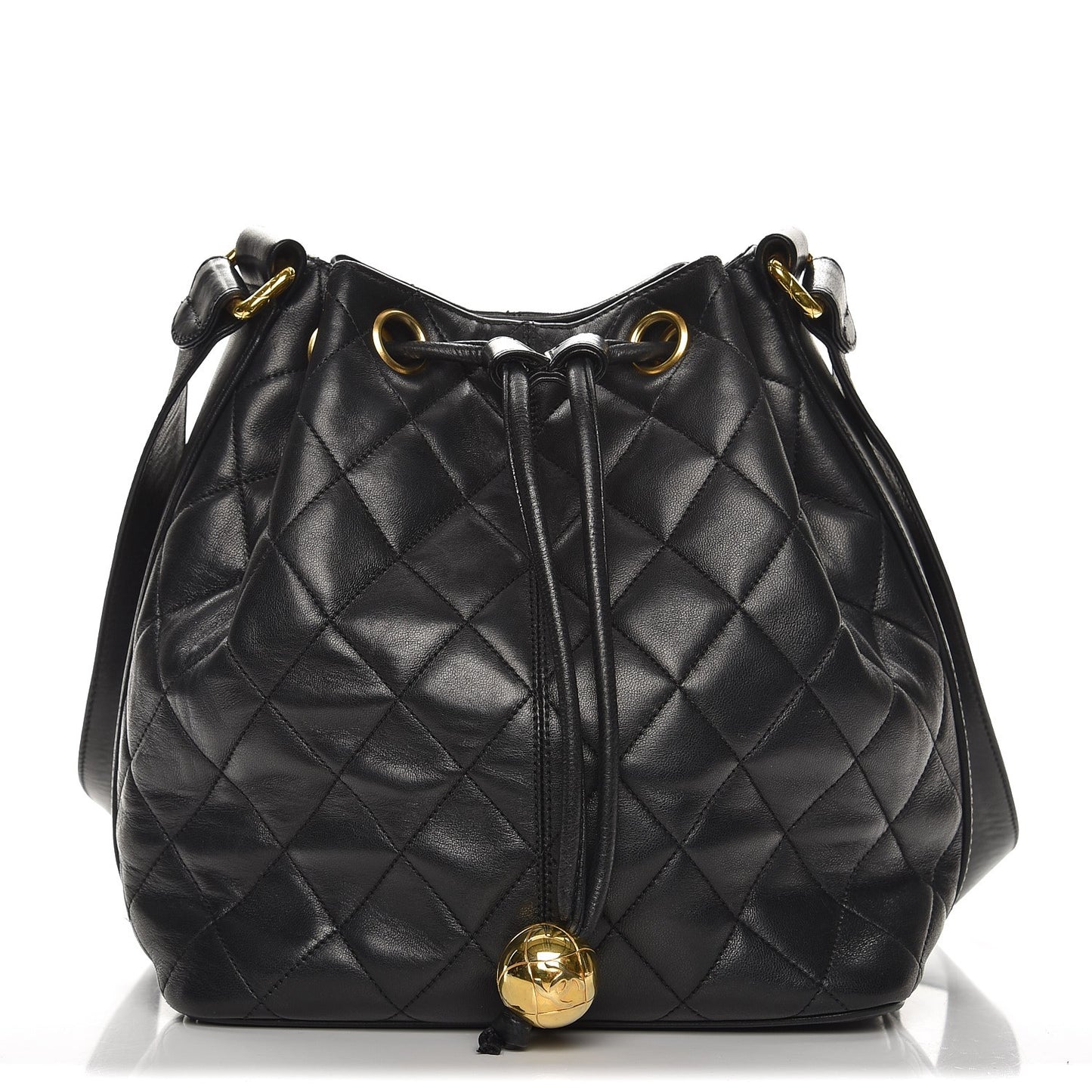 Lambskin Quilted Drawstring Shoulder Bag Black