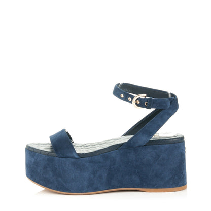 Chanel Suede Calfskin Platform Wedge Sandals 37.5 Blue 1 of 8