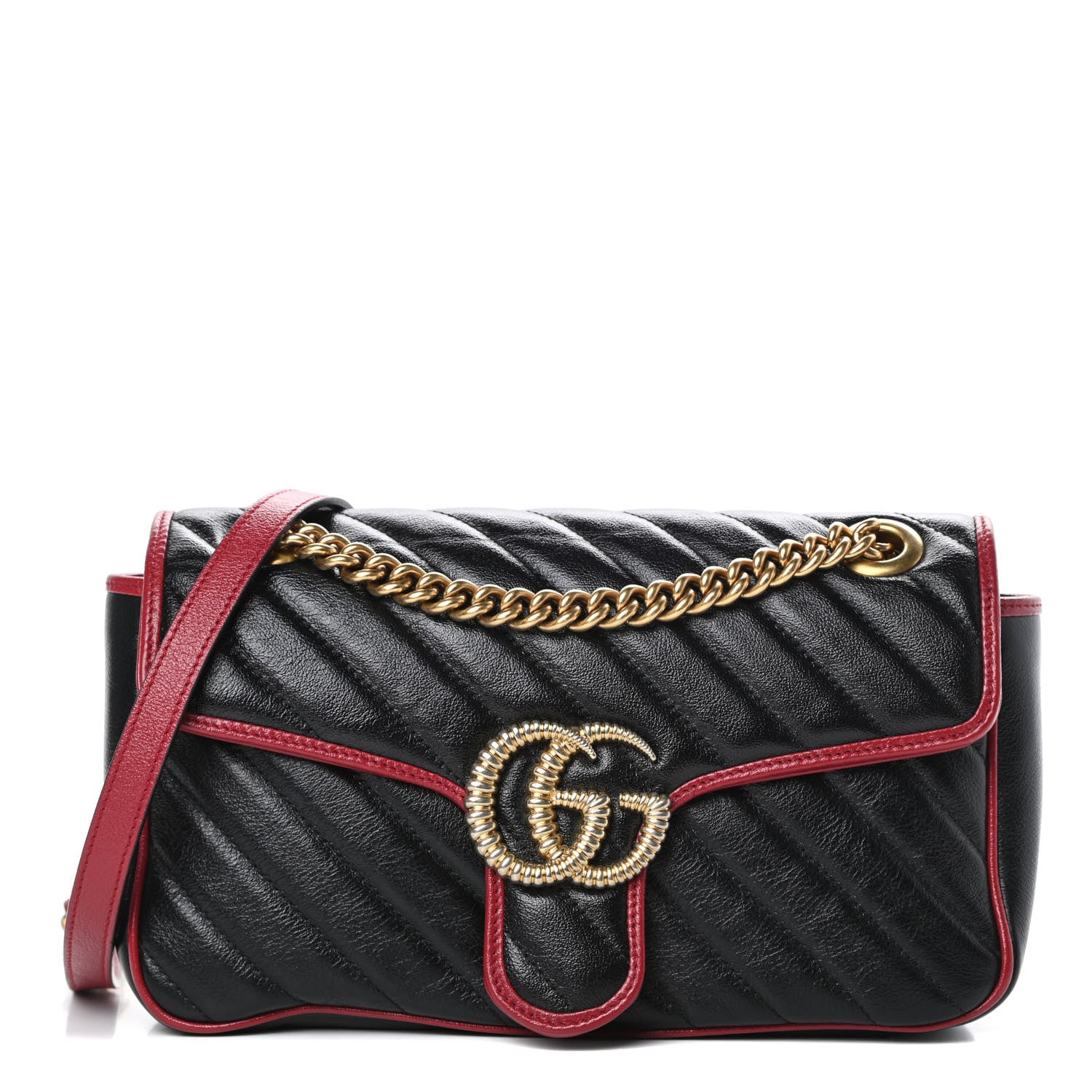 Gucci Vintage Effect Calfskin Matelasse Diagonal Small Torchon GG Marmont Shoulder Bag Black Romantic Cherry 1 of 10