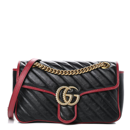 Gucci Vintage Effect Calfskin Matelasse Diagonal Small Torchon GG Marmont Shoulder Bag Black Romantic Cherry 1 of 10