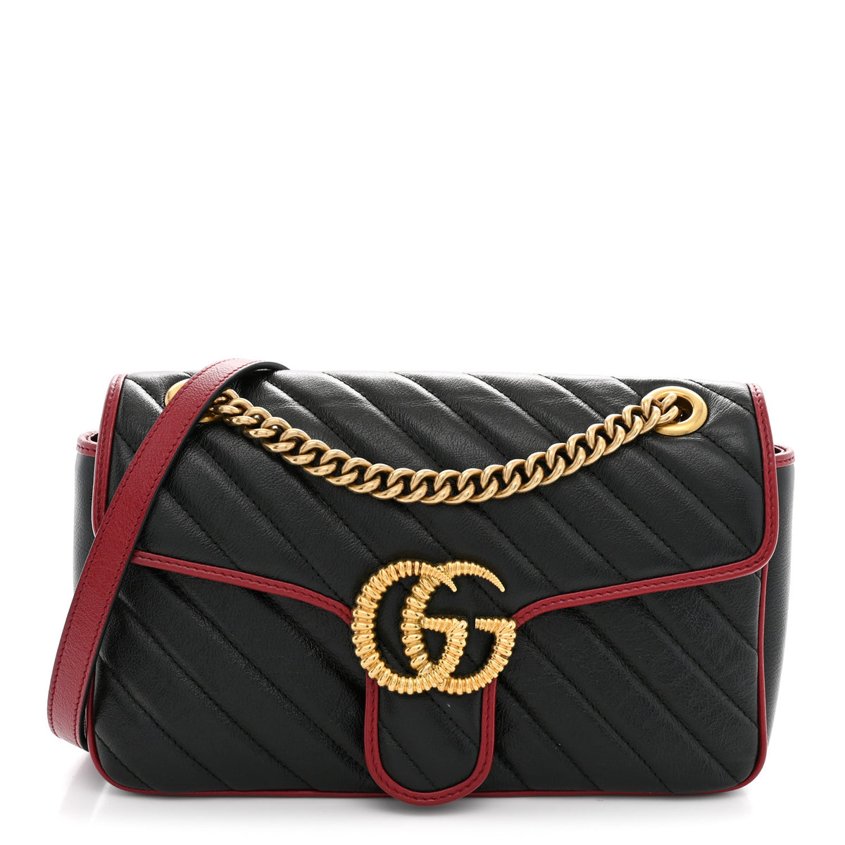 Vintage Effect Calfskin Matelasse Diagonal Small Torchon GG Marmont Shoulder Bag Black Romantic Cherry