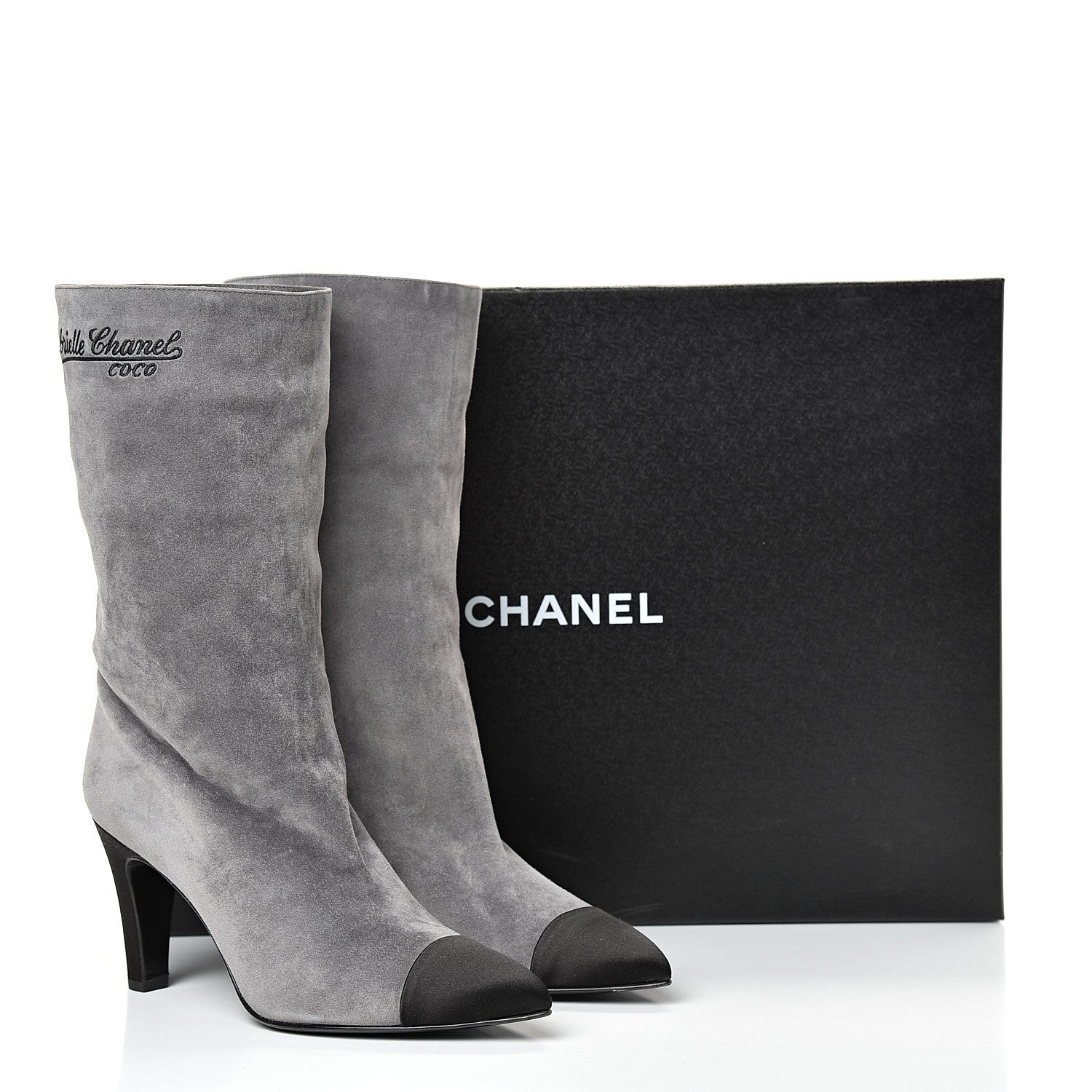 Chanel Suede Calfskin Satin Gabrielle Cap Toe Short Boots 39.5 Grey Black 10 of 10