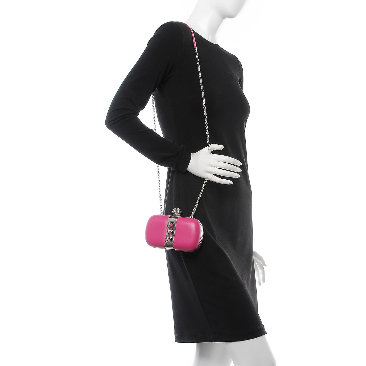 Nappa Studded Skull Box Chain Clutch Fuchsia