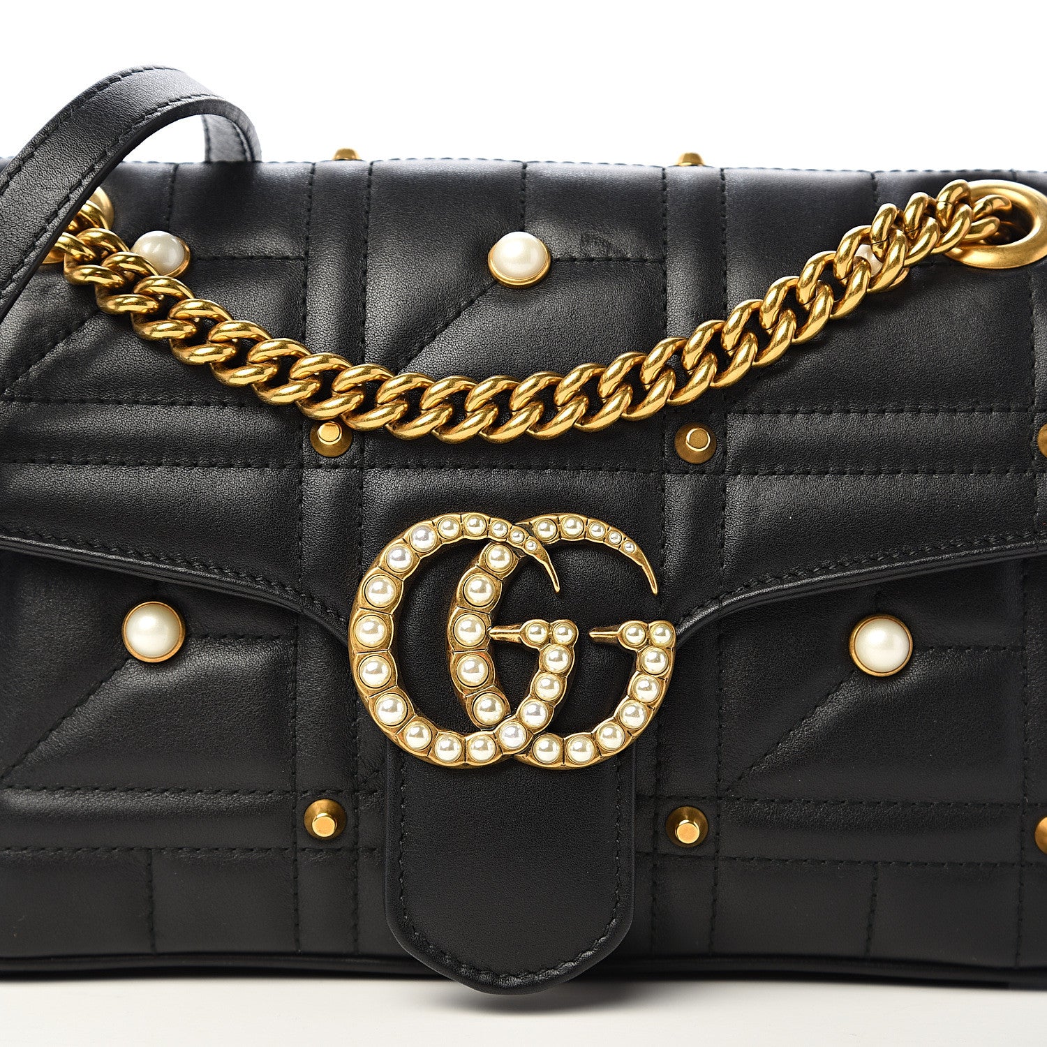 Gucci Calfskin Matelasse Studded Small Pearly GG Marmont Shoulder Bag Black 11 of 11