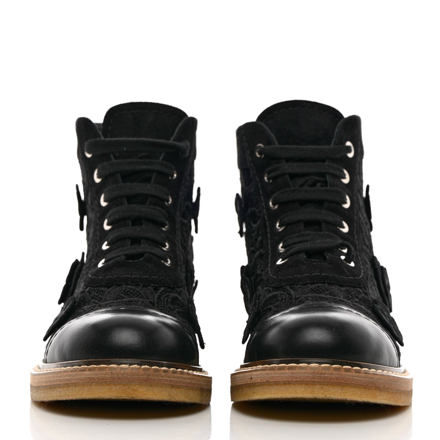 Embroidered Flower Calfskin Lace Up Boots 38.5 Black