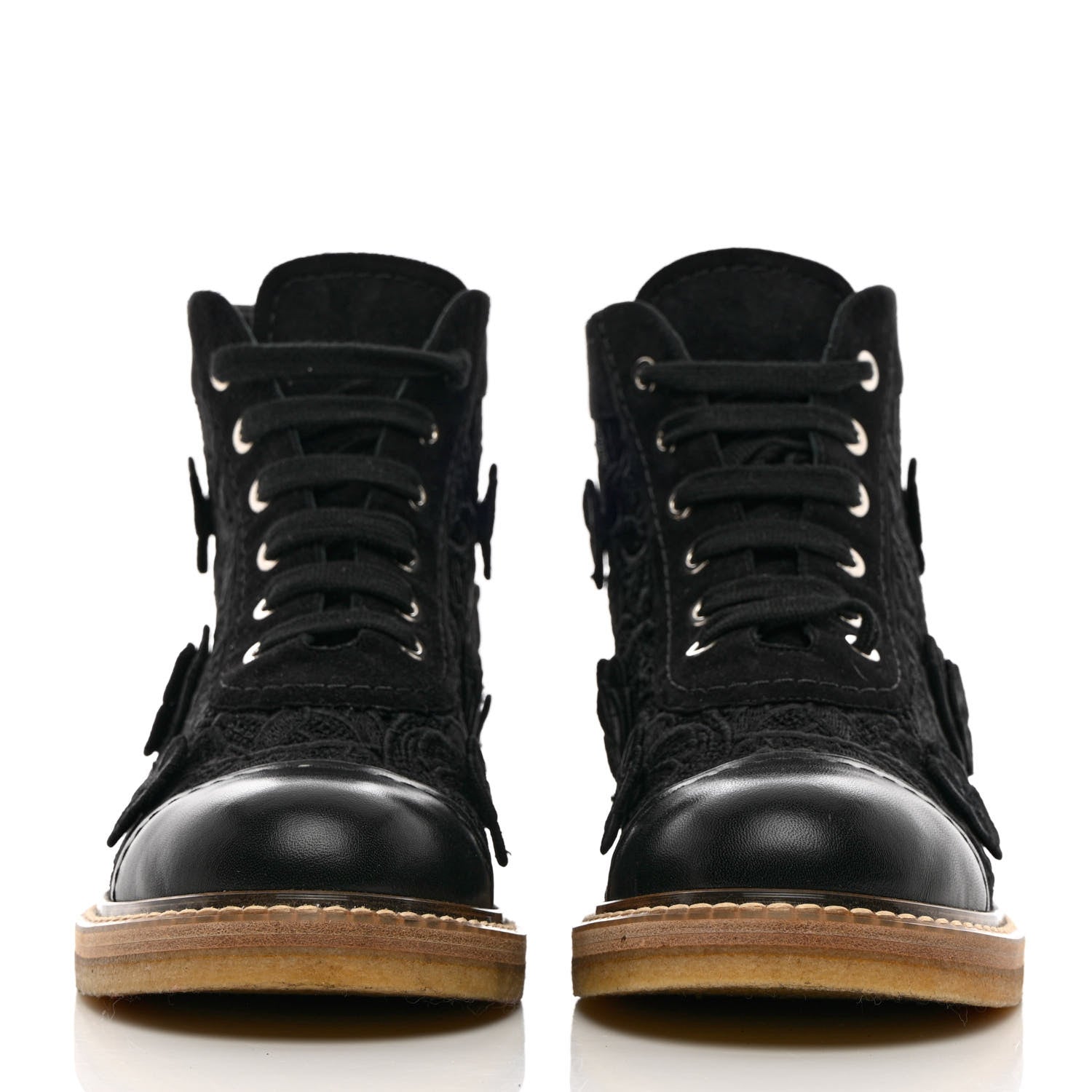 Chanel Embroidered Flower Calfskin Lace Up Boots 38.5 Black 2 of 13