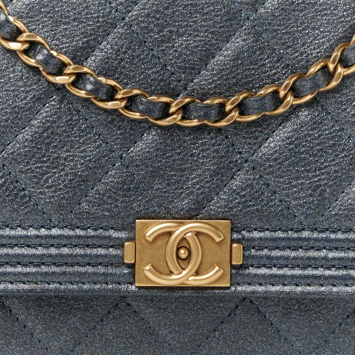 Metallic Calfskin Quilted Boy Wallet On Chain WOC Navy Blue