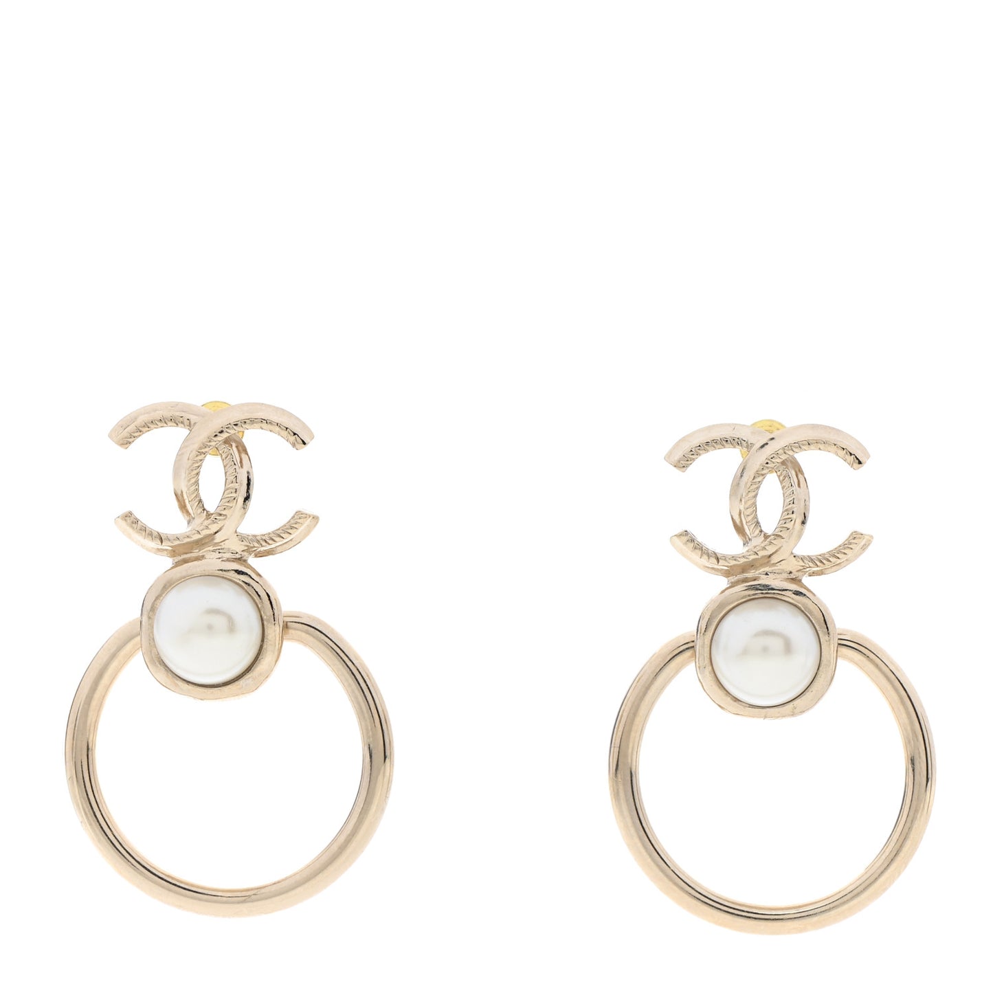Metal Pearl CC Hoop Drop Earrings Gold