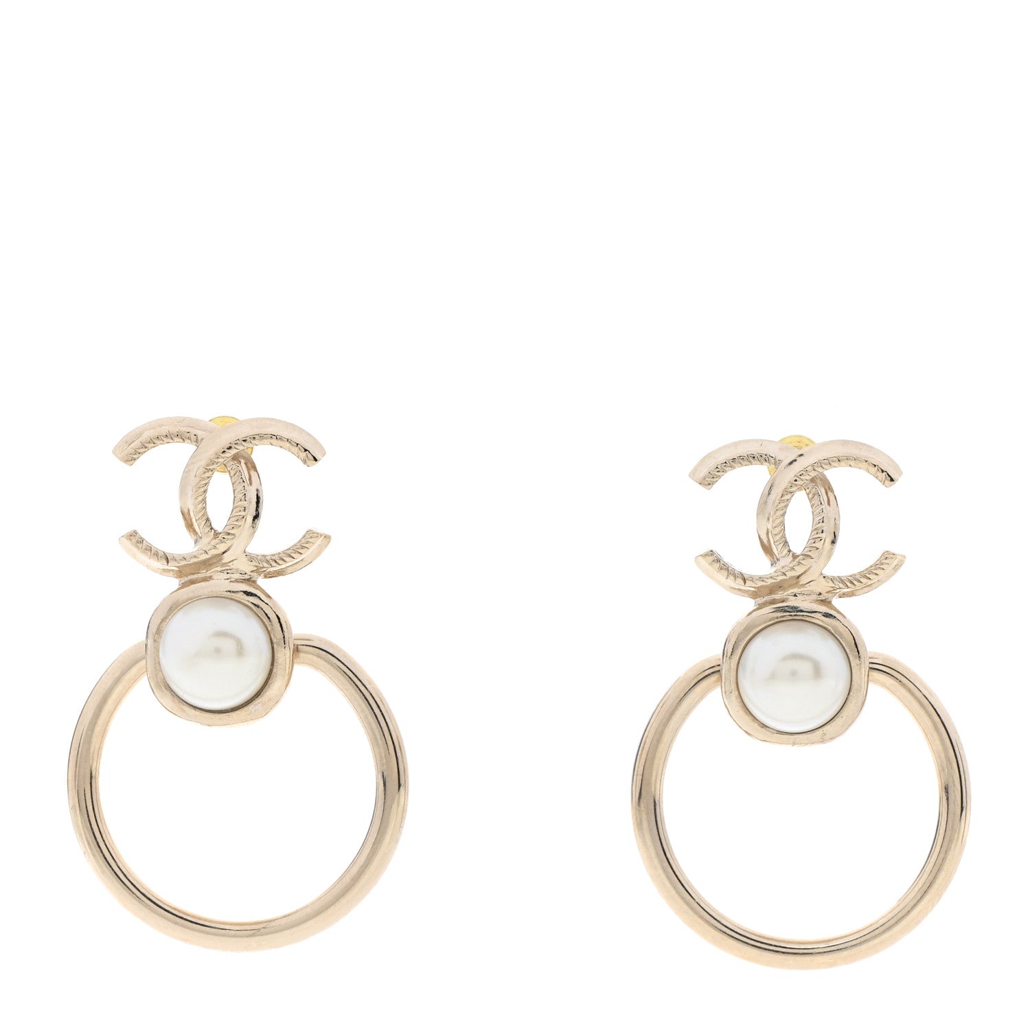 Chanel Metal Pearl CC Hoop Drop Earrings Gold 1 of 5