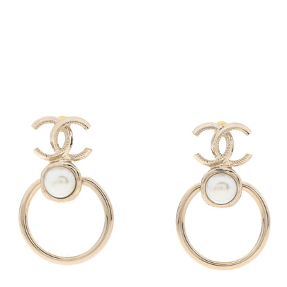 Chanel Metal Pearl CC Hoop Drop Earrings Gold 1 of 5