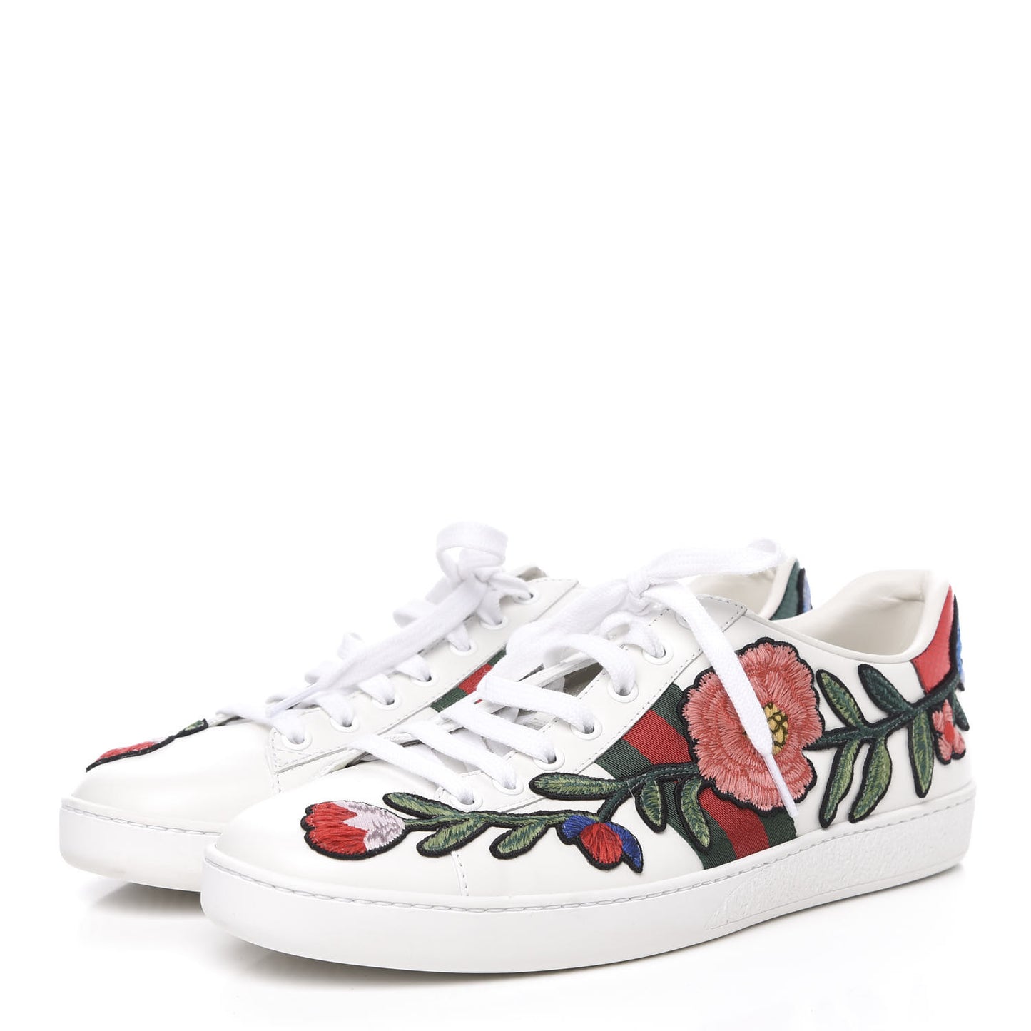 Calfskin Web Floral Embroidered Womens Ace Sneakers 39.5 White