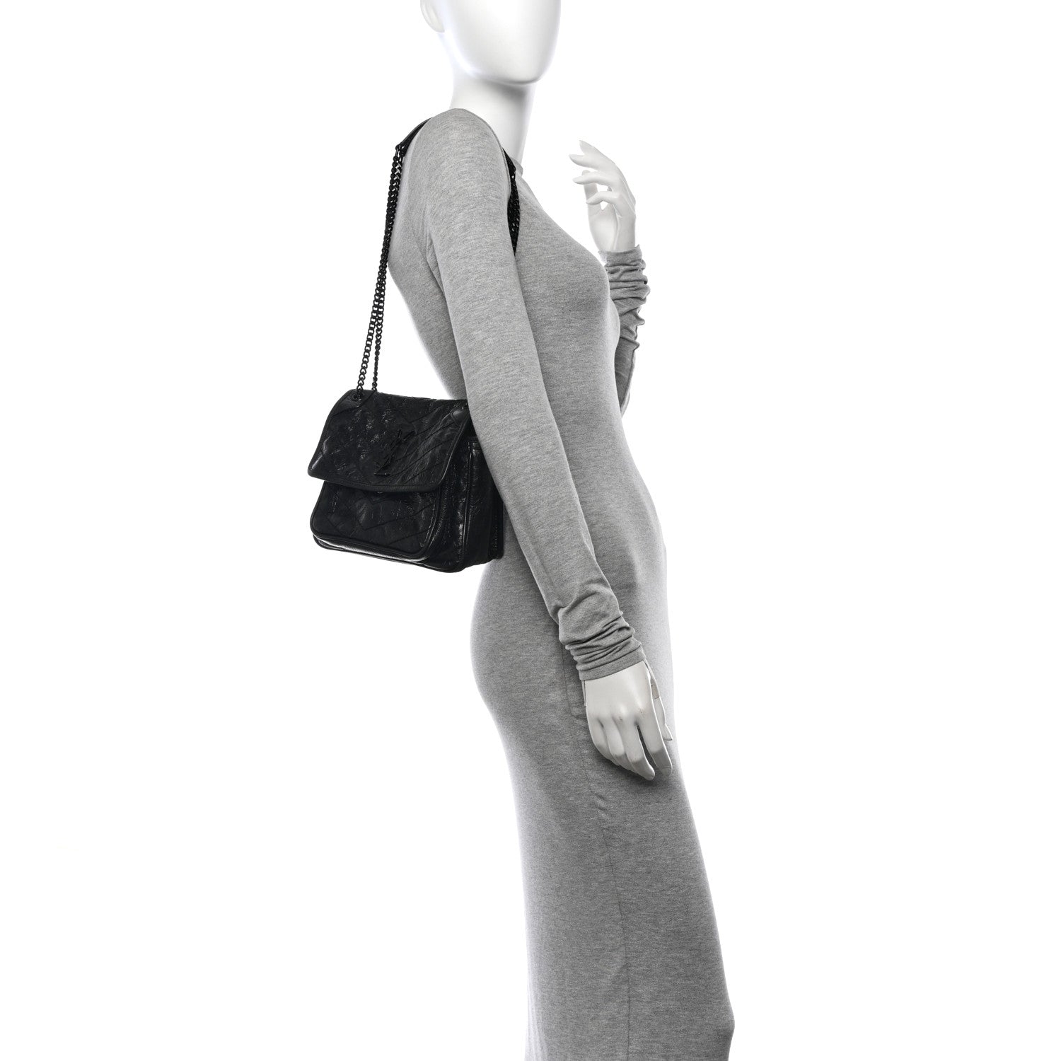 Saint Laurent Crinkled Calfskin Matelasse Monogram Baby Niki Chain Satchel Black 2 of 14