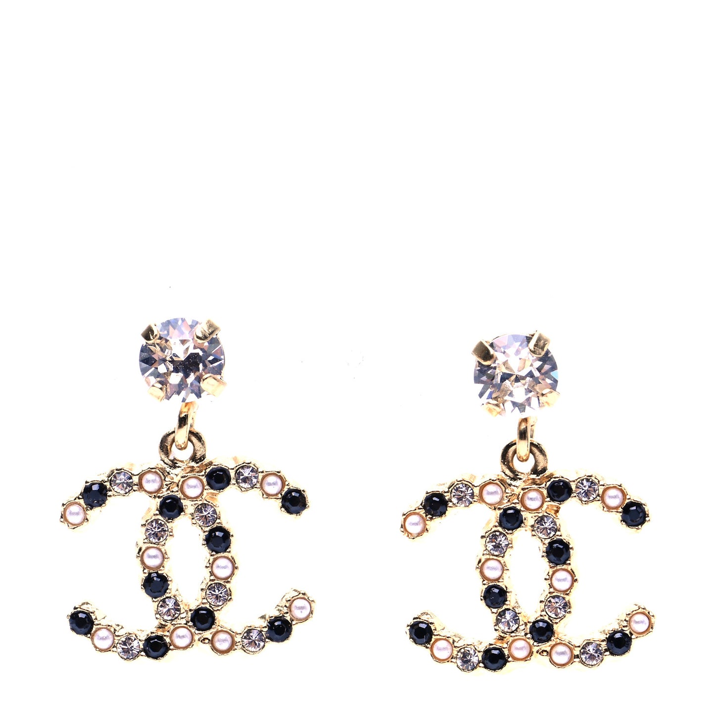 Resin Crystal Pearl CC Drop Earrings Gold Black