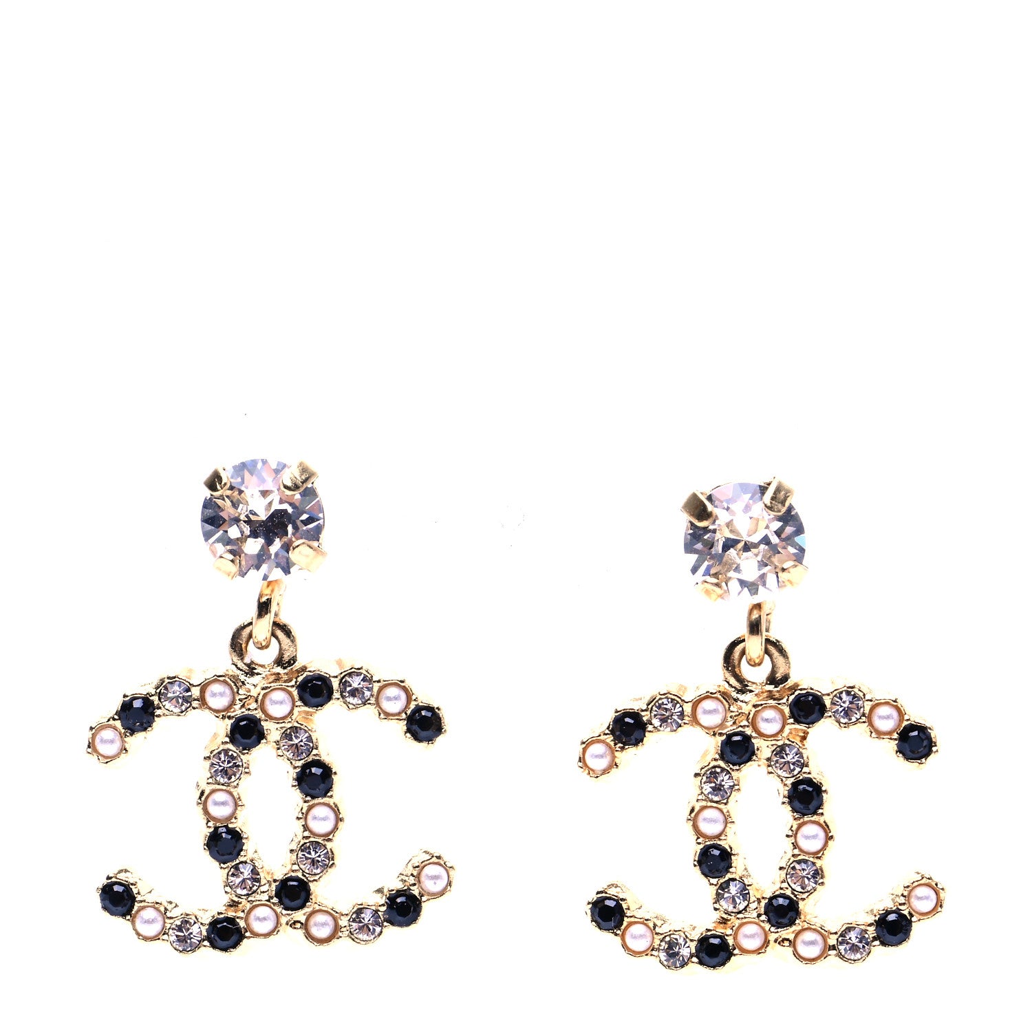 Chanel Resin Crystal Pearl CC Drop Earrings Gold Black 1 of 7