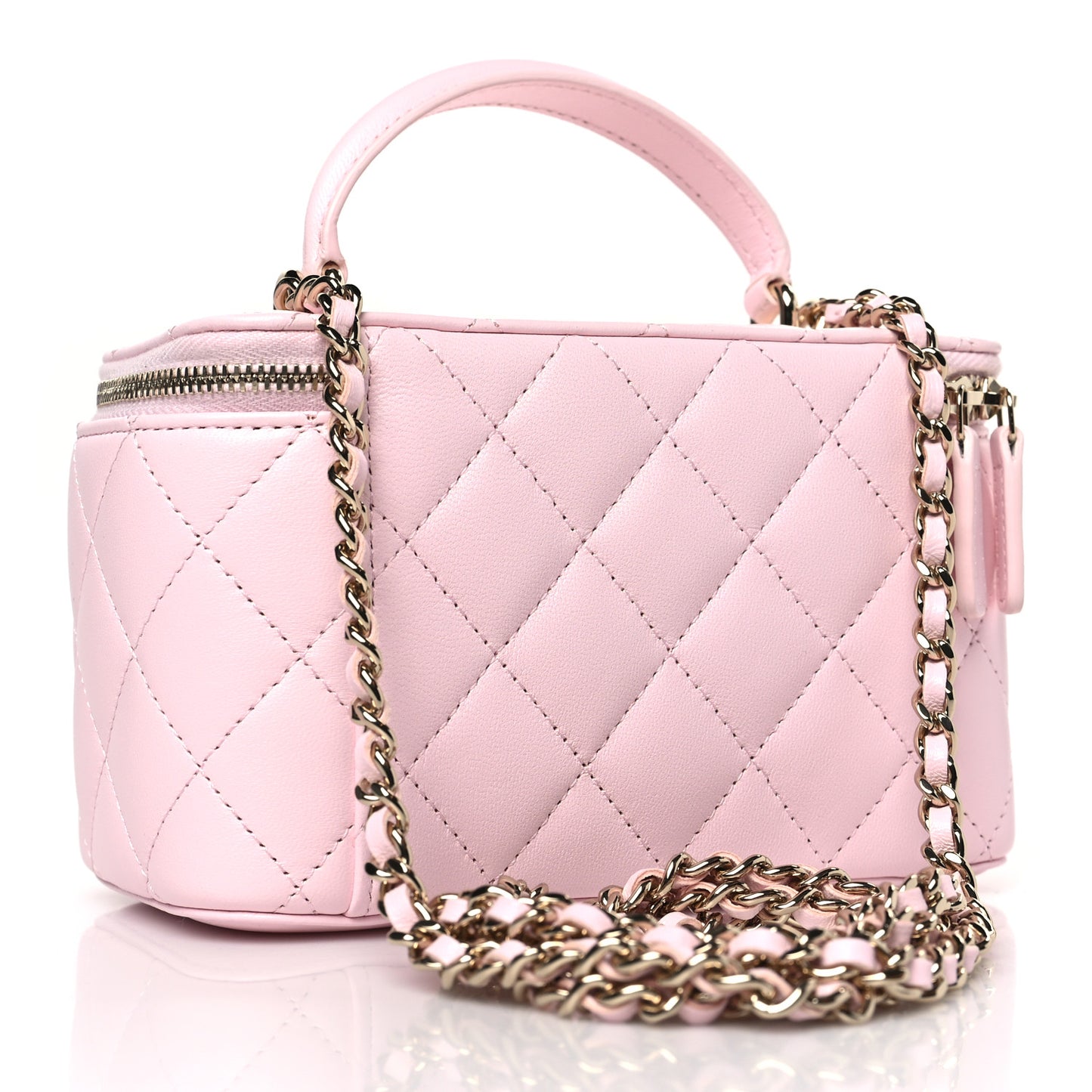 Lambskin Quilted Small Top Handle Vanity Case With Chain Light Pink