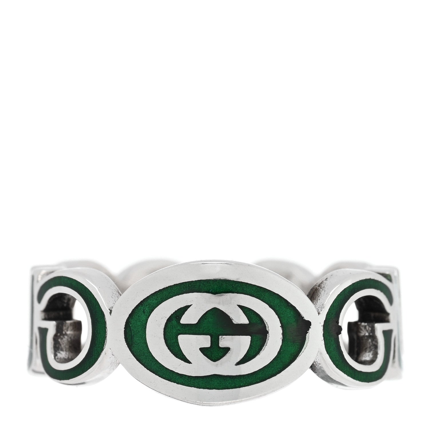 Gucci Sterling Silver Enamel Interlocking G Logo Ring 61 9.5 Green 3 of 5
