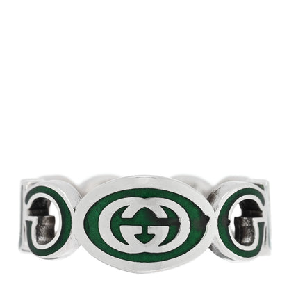 Gucci Sterling Silver Enamel Interlocking G Logo Ring 61 9.5 Green 3 of 5