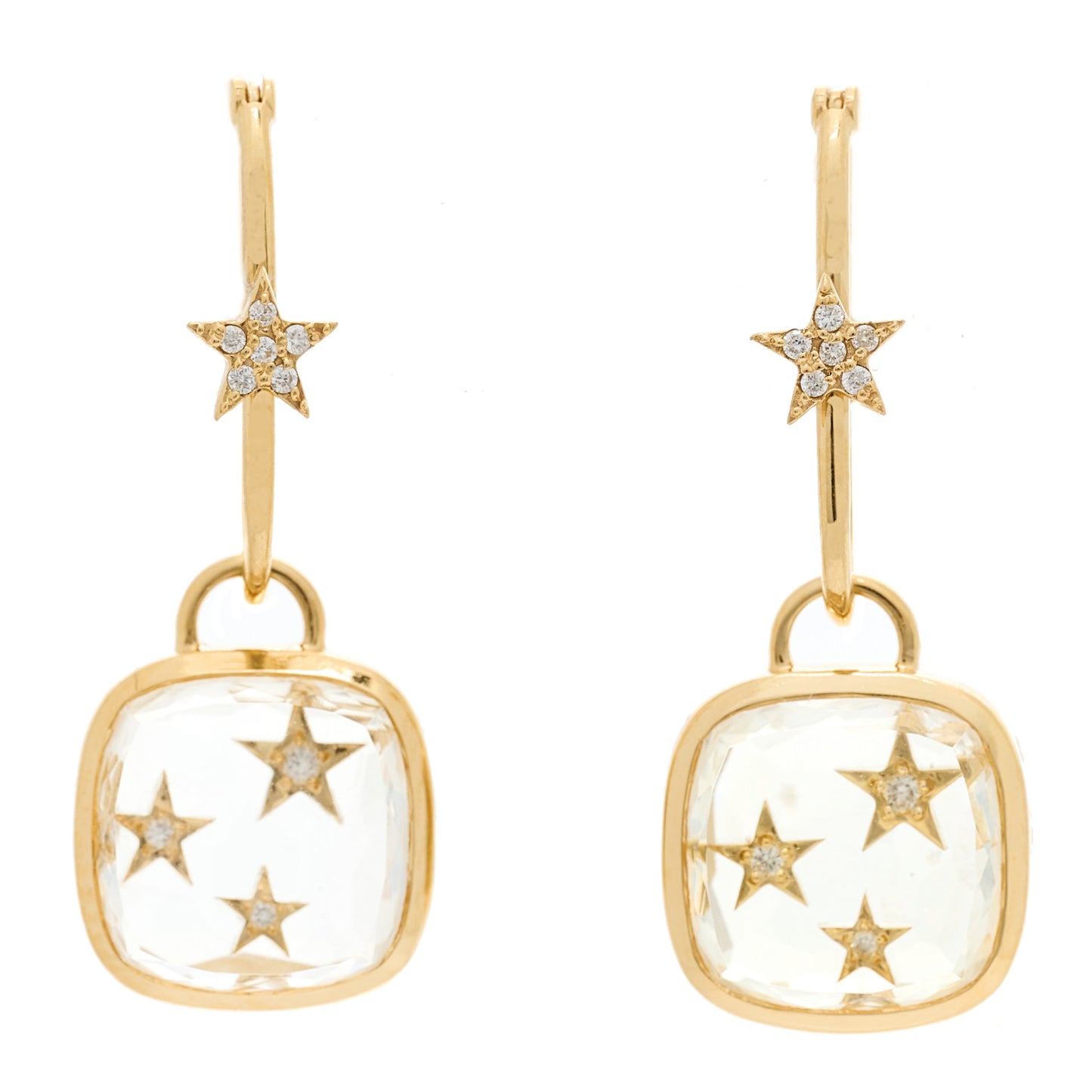 18K Yellow Gold Diamond Quartz Per Aspera Ad Astra Dream Small Pave Star Fob Earrings