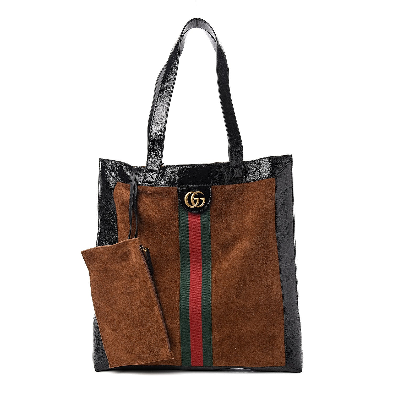 Gucci Suede Patent Web Large Ophidia Vertical Shopping Tote Nocciola Black 1 of 10