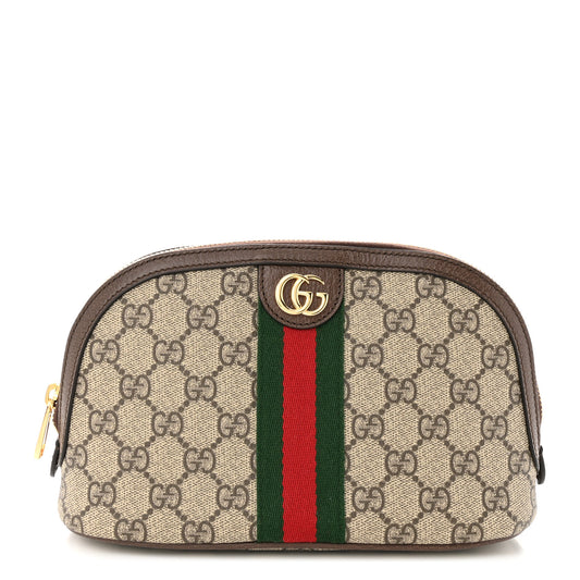 GG Supreme Monogram Textured Calfskin Web Large Ophidia Cosmetic Case Beige Ebony New Acero
