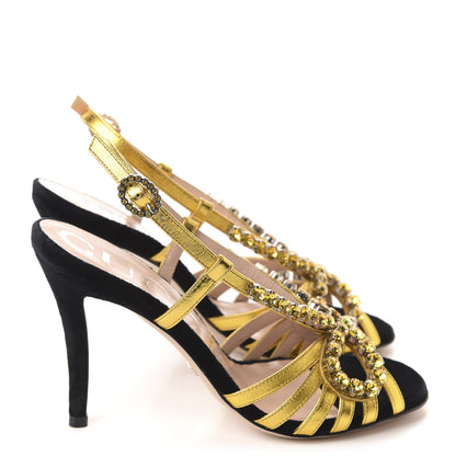 Gucci Velvet Nappa Crystal Zephyra Slingback High Heel Sandals 36.5 Black Gold 4 of 8