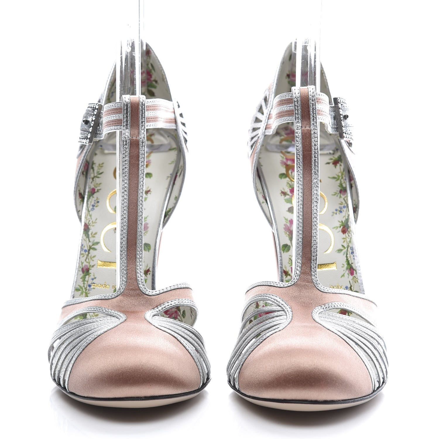 Gucci Satin Metallic Mariska T-Bar Pumps 39 Blush 2 of 7