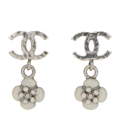Chanel Enamel CC Camellia Drop Earrings Silver 1 of 3