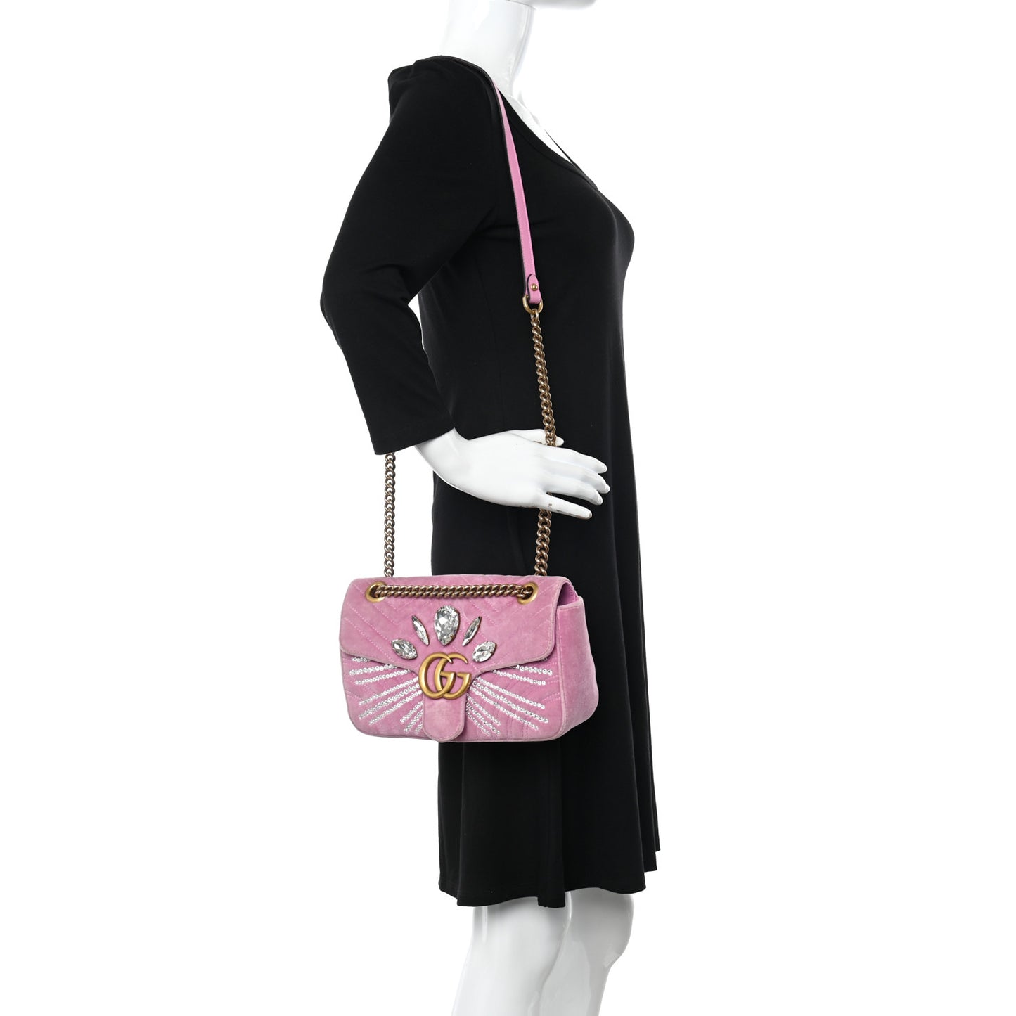 Velvet Matelasse Marquise Crystals Embroidered Small GG Marmont Shoulder Bag Malva
