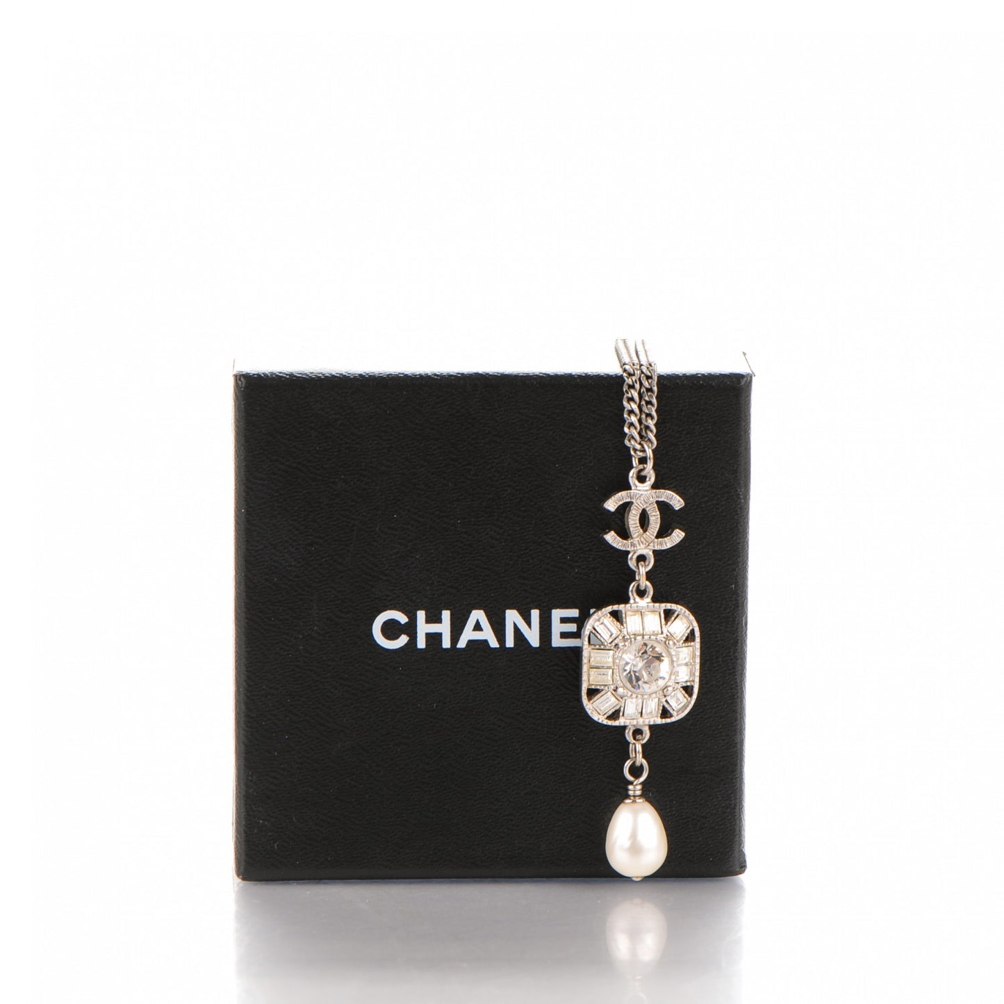 Crystal Baguette Pearl CC Necklace Silver