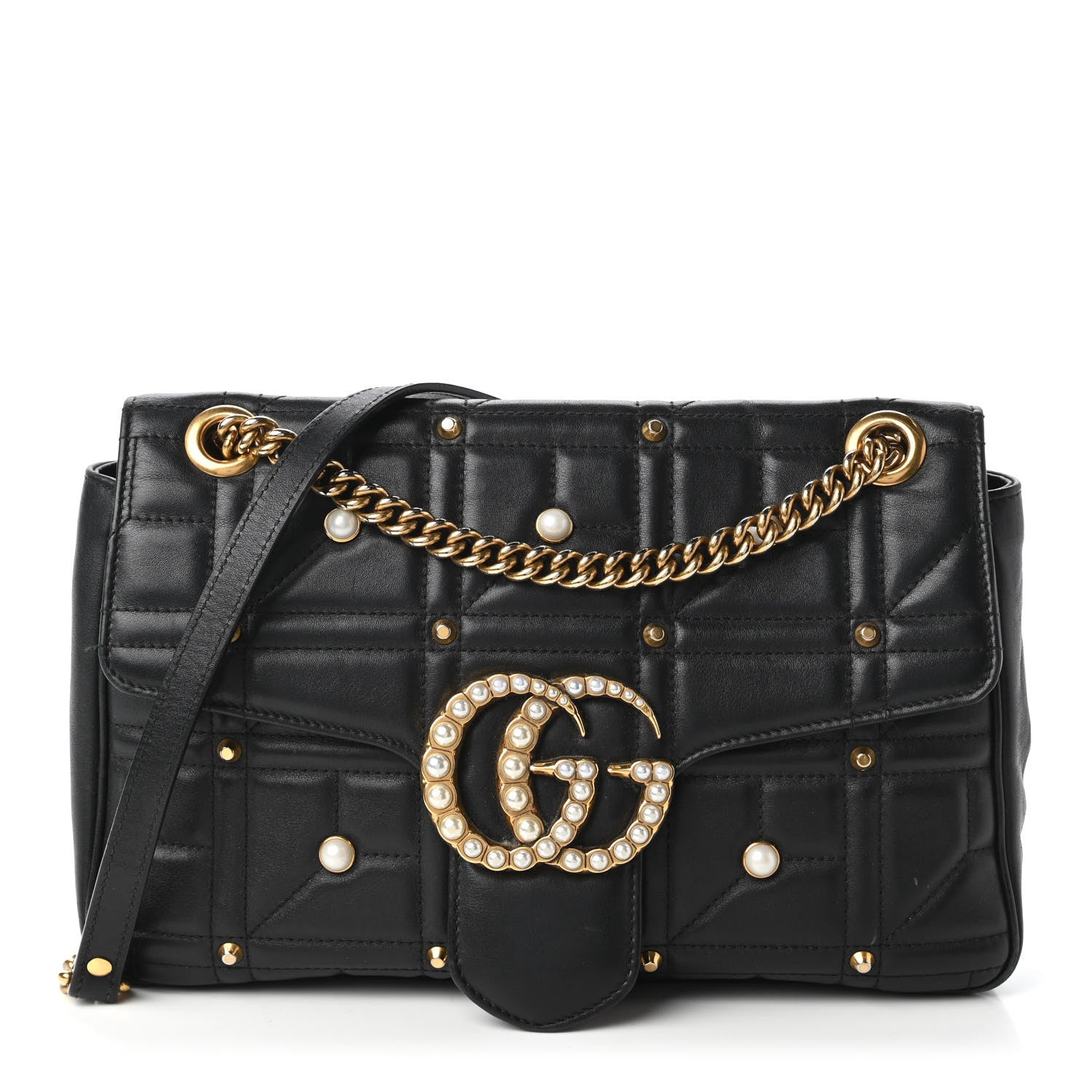 Gucci Calfskin Matelasse Studded Medium Pearly GG Marmont Shoulder Bag Black 1 of 10