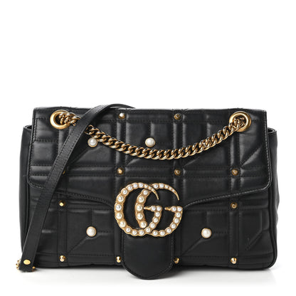 Gucci Calfskin Matelasse Studded Medium Pearly GG Marmont Shoulder Bag Black 1 of 10
