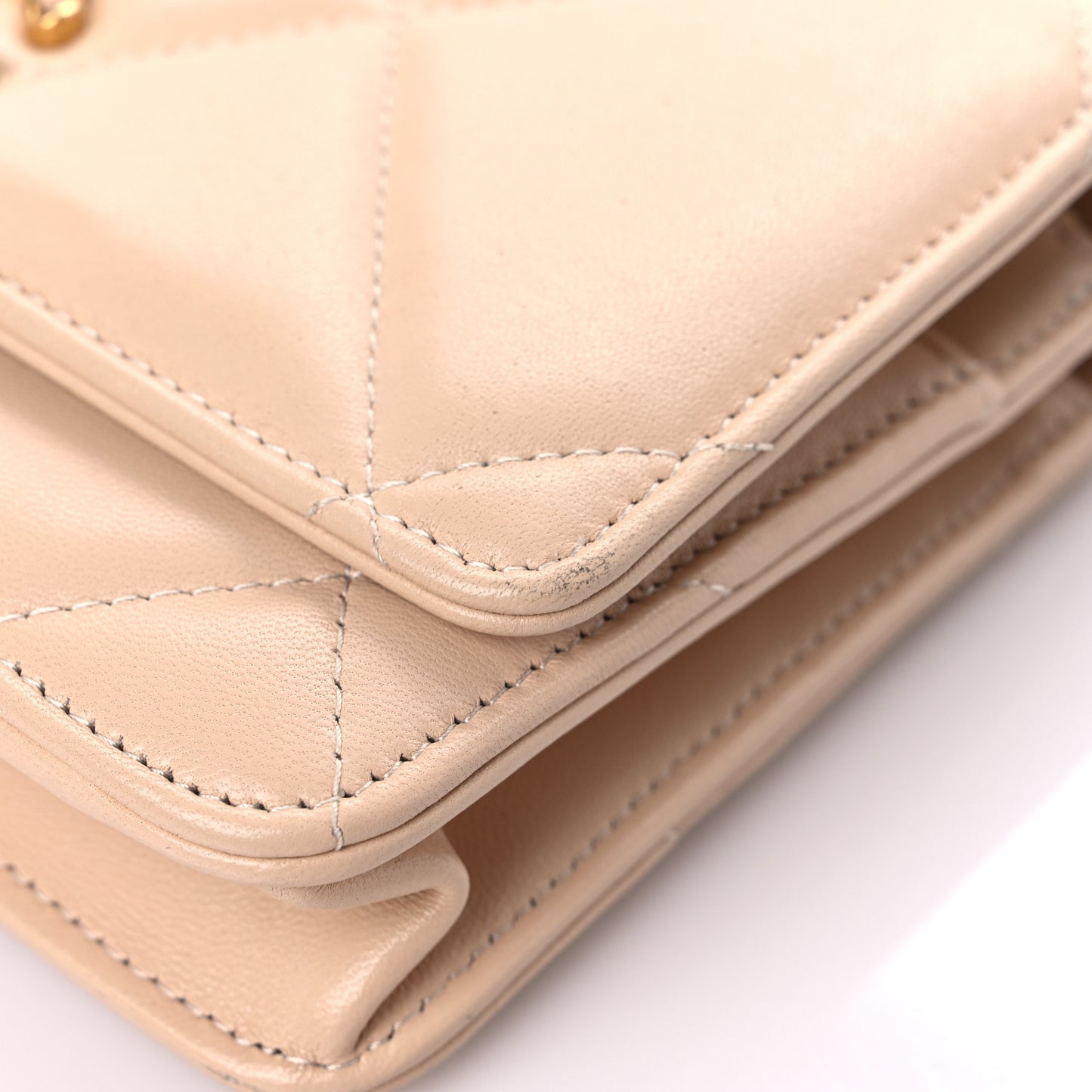 Lambskin Quilted Chanel 19 Wallet On Chain WOC Beige
