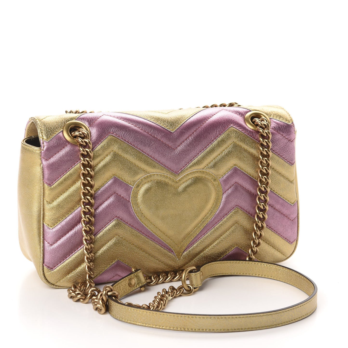 Metallic Calfskin Matelasse Small GG Marmont Shoulder Bag Gold Pink