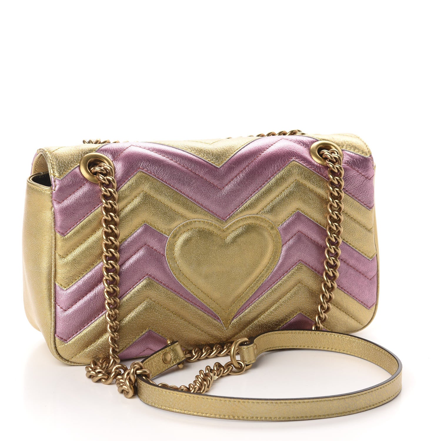 Gucci Metallic Calfskin Matelasse Small GG Marmont Shoulder Bag Gold Pink 3 of 12