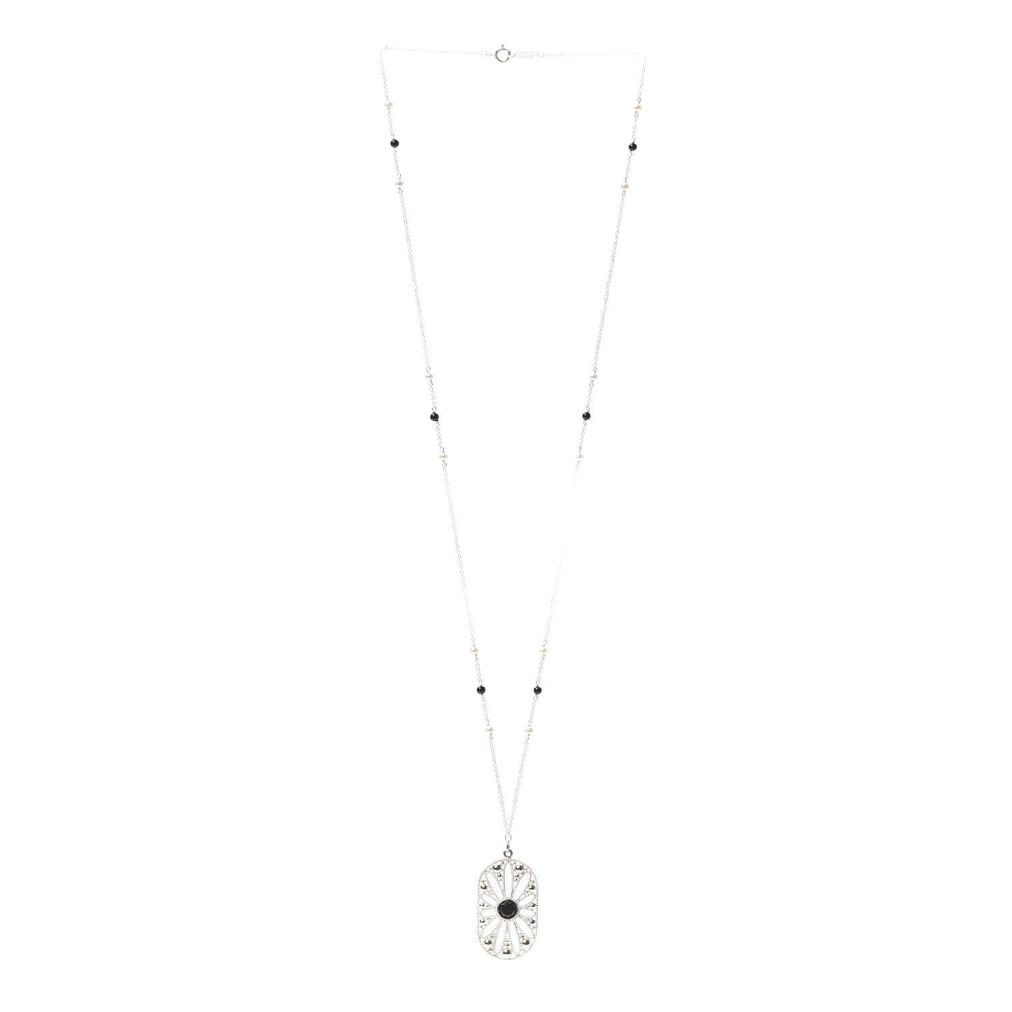 Sterling Silver Black Onyx Pearl Ziegfeld Daisy Pendant Necklace
