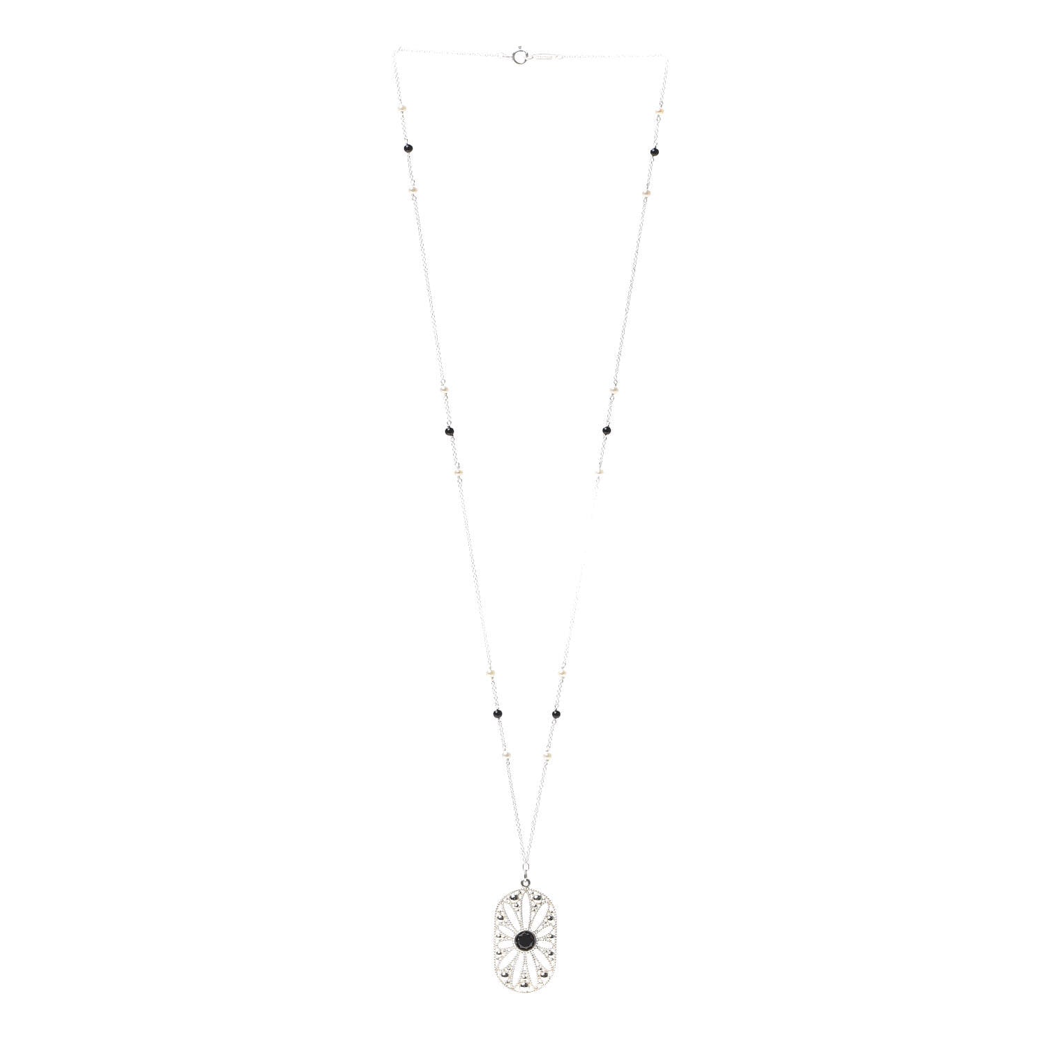 Tiffany Sterling Silver Black Onyx Pearl Ziegfeld Daisy Pendant Necklace 3 of 7
