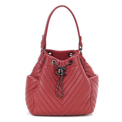 Chanel Deerskin Chevron Small CC Chain Bucket Drawstring Bag Red 1 of 10