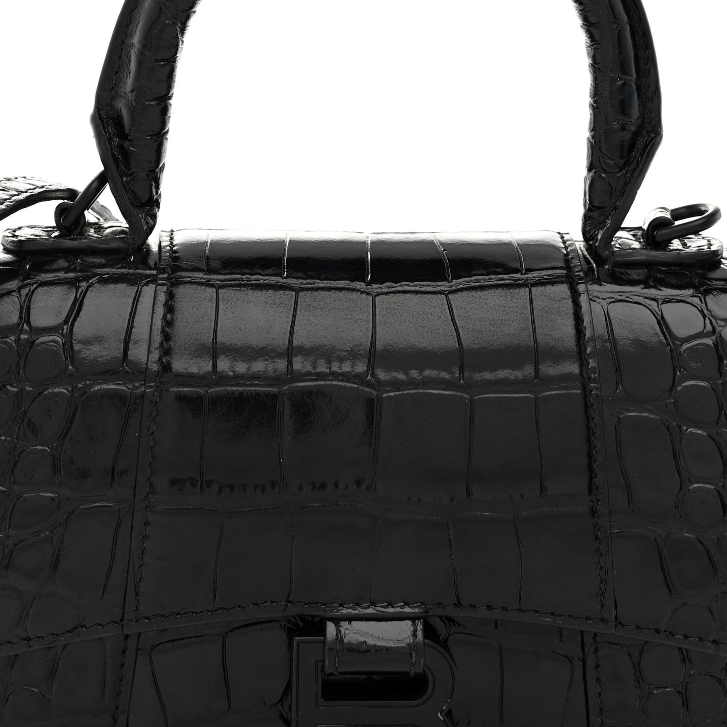 Shiny Calfskin Monochrome Crocodile Embossed Hourglass Top Handle Bag XS Black