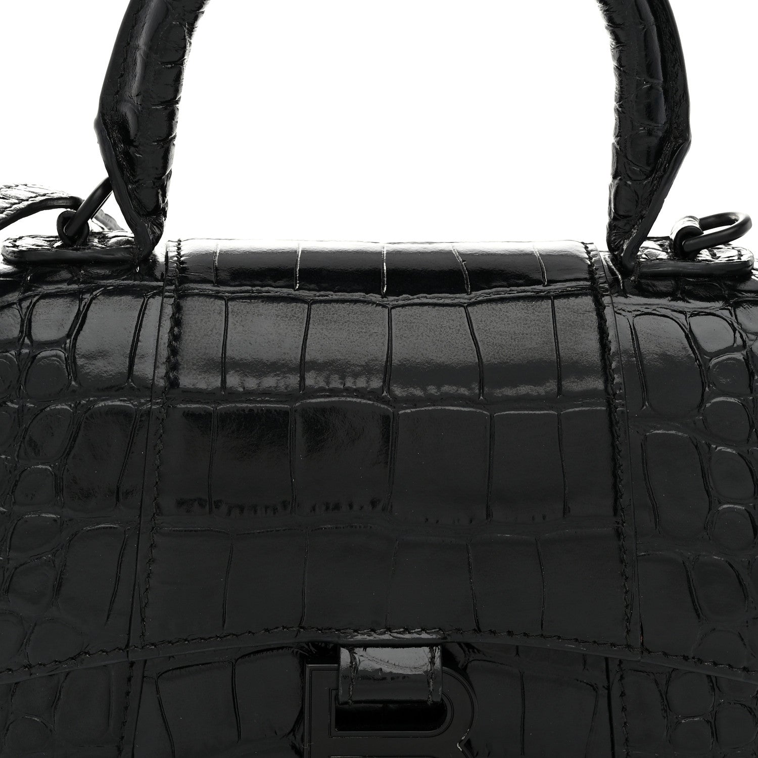 Balenciaga Shiny Calfskin Monochrome Crocodile Embossed Hourglass Top Handle Bag XS Black 7 of 9