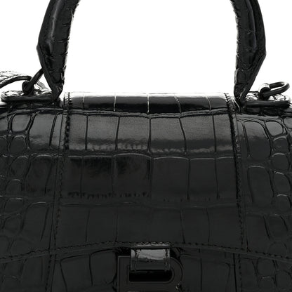 Balenciaga Shiny Calfskin Monochrome Crocodile Embossed Hourglass Top Handle Bag XS Black 7 of 9