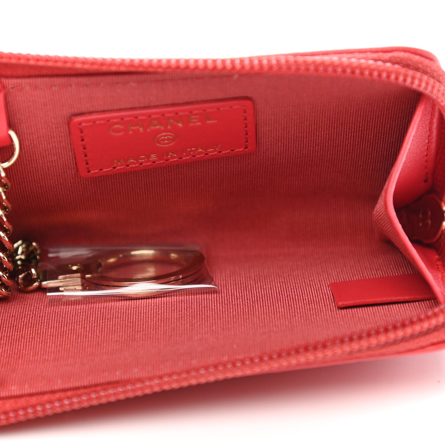 Calfskin Chain Embossed CC Key Holder Case Light Red
