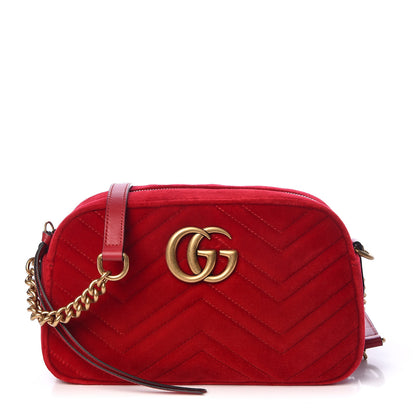 Gucci Velvet Matelasse Small GG Marmont Chain Shoulder Bag Hibiscus Red 1 of 11