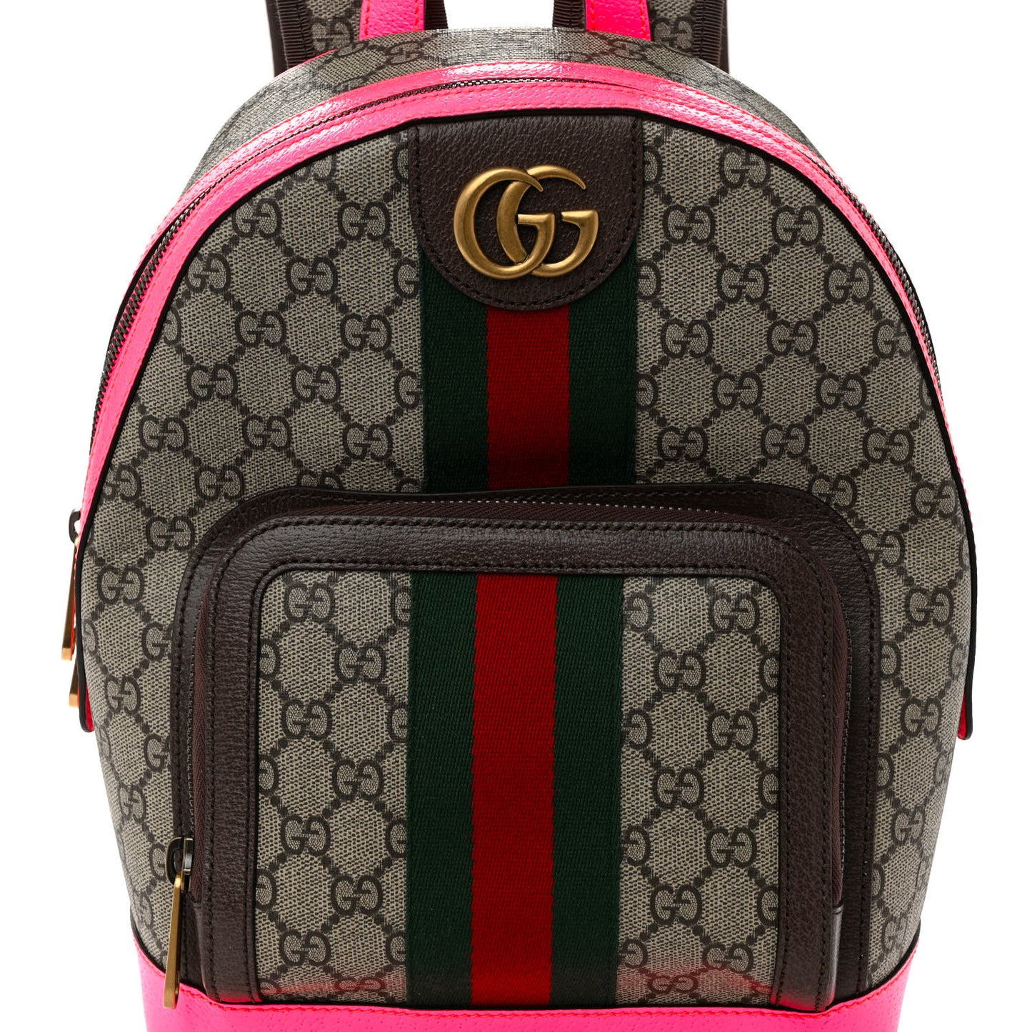 GG Supreme Monogram Textured Dollar Calfskin Web Small Ophidia Day Backpack Beige Ebony Fluorescent Fuchsia