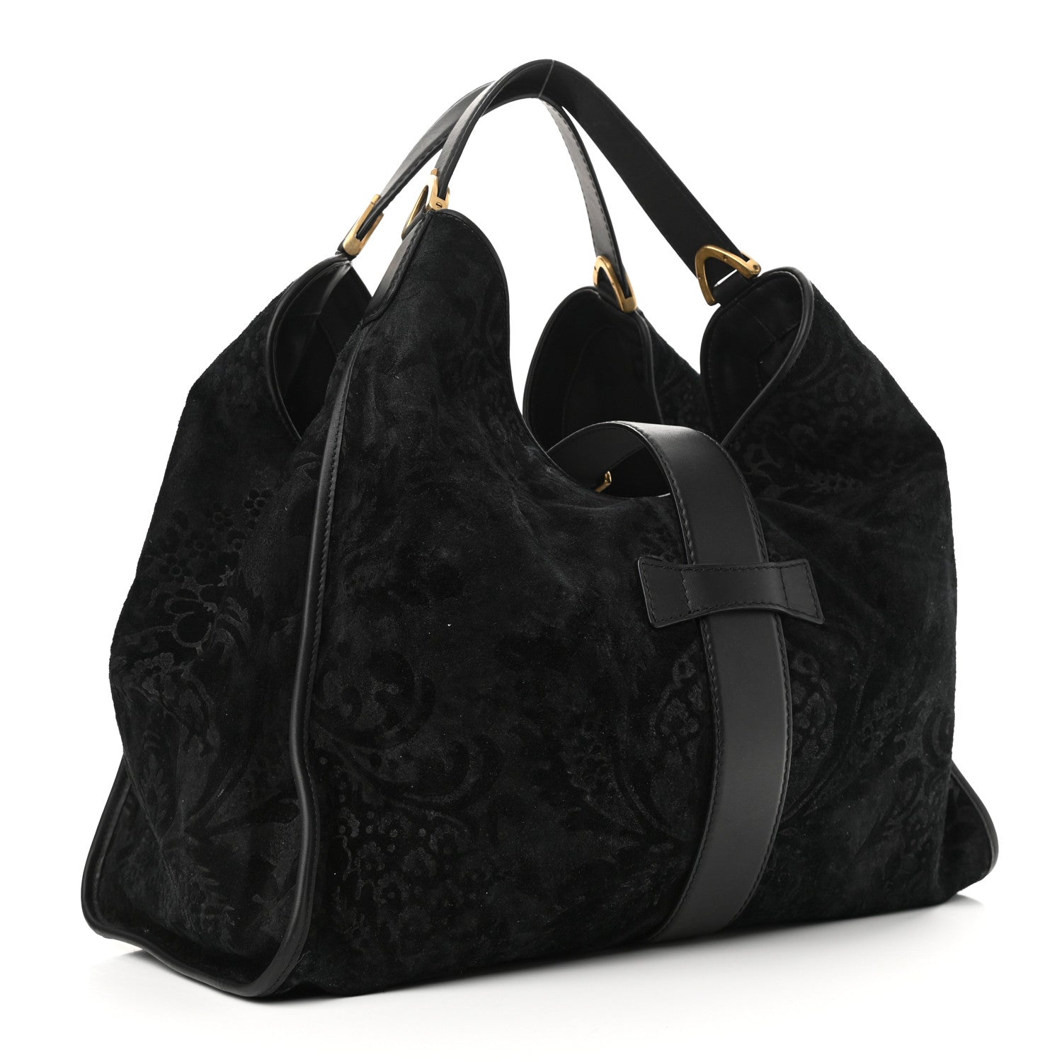 Gucci Nubuck Brocade Large Soft Stirrup Shoulder Bag Black 2 of 12