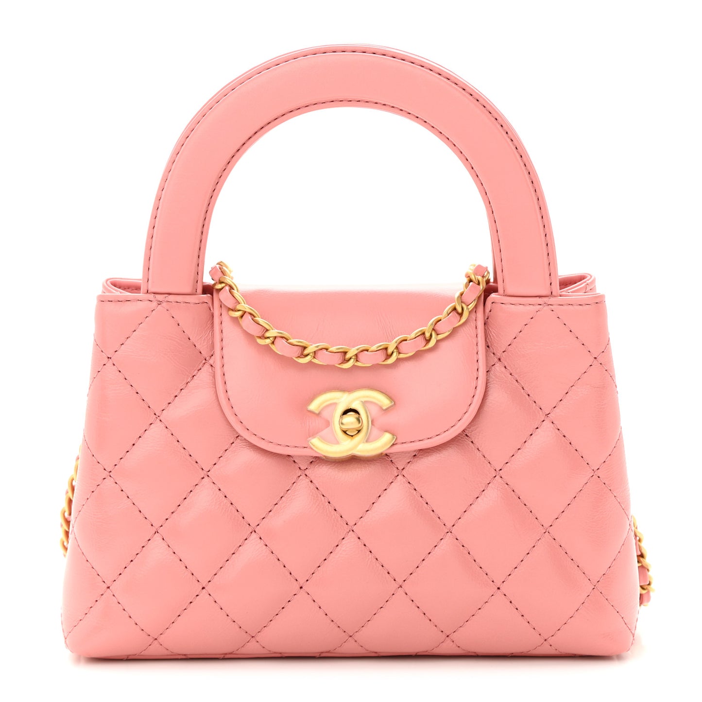 Shiny Aged Calfskin Quilted Nano Kelly Shopper Coral Pink