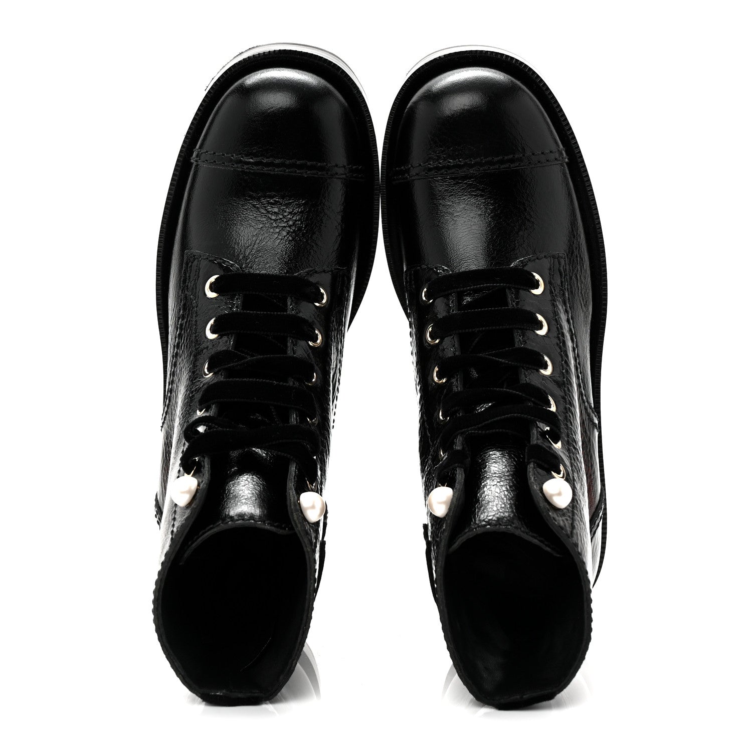 Chanel Shiny Calfskin Velvet Pearl Combat Short Boots 37 Black