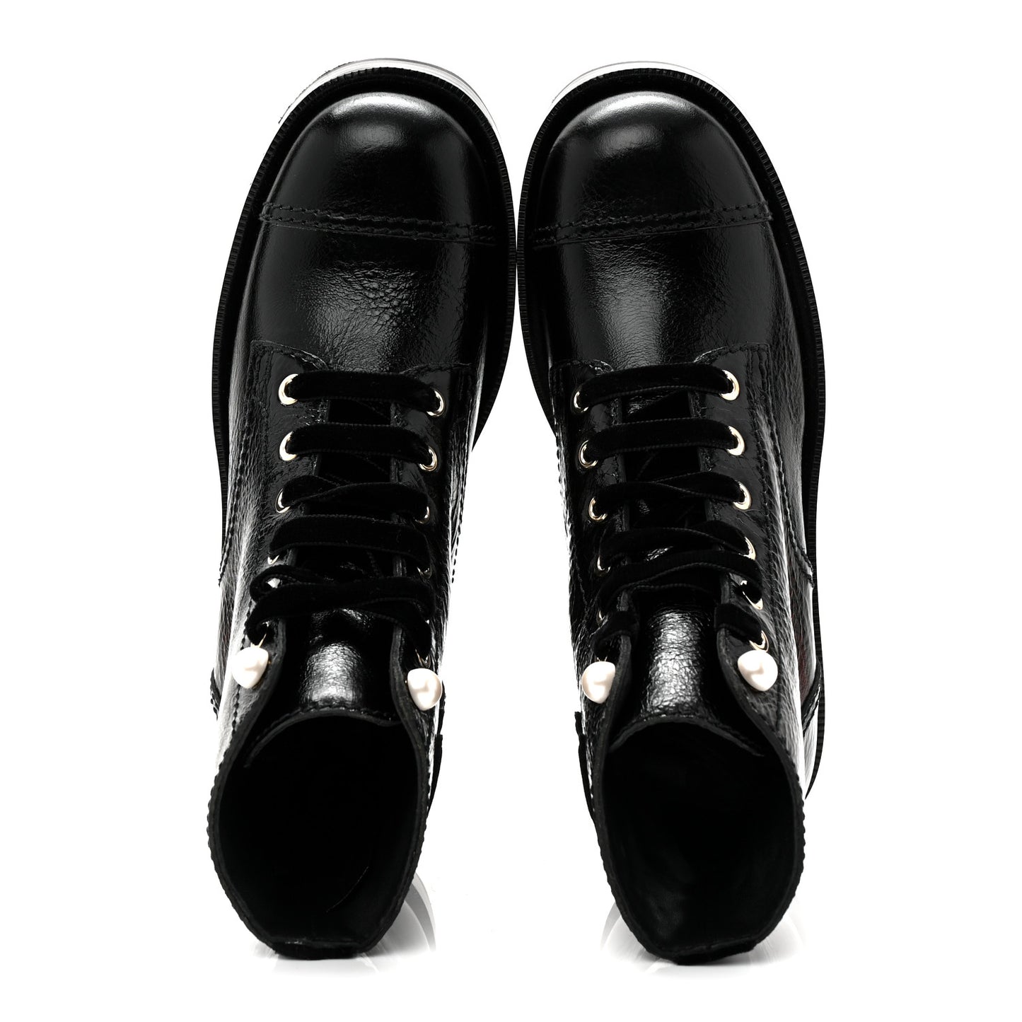 Shiny Calfskin Velvet Pearl Combat Short Boots 37 Black